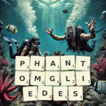 Kreative Illustration für ein Scrabble-Spiel, bei dem das Wort PHANTOMGLIEDES mit Steinen auf dem Brett gelegt wurde.