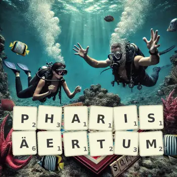 Kreative Illustration für ein Scrabble-Spiel, bei dem das Wort PHARISÄERTUM mit Steinen auf dem Brett gelegt wurde.