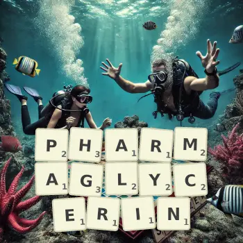 Kreative Illustration für ein Scrabble-Spiel, bei dem das Wort PHARMAGLYCERIN mit Steinen auf dem Brett gelegt wurde.