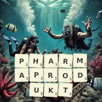 Kreative Illustration für ein Scrabble-Spiel, bei dem das Wort PHARMAPRODUKT mit Steinen auf dem Brett gelegt wurde.