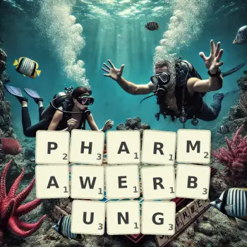 Kreative Illustration für ein Scrabble-Spiel, bei dem das Wort PHARMAWERBUNG mit Steinen auf dem Brett gelegt wurde.