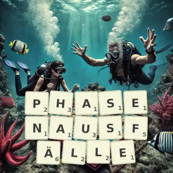 Kreative Illustration für ein Scrabble-Spiel, bei dem das Wort PHASENAUSFÄLLE mit Steinen auf dem Brett gelegt wurde.