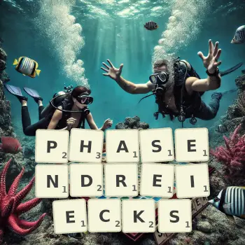 Kreative Illustration für ein Scrabble-Spiel, bei dem das Wort PHASENDREIECKS mit Steinen auf dem Brett gelegt wurde.