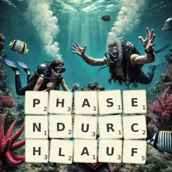 Kreative Illustration für ein Scrabble-Spiel, bei dem das Wort PHASENDURCHLAUF mit Steinen auf dem Brett gelegt wurde.