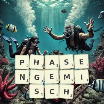 Kreative Illustration für ein Scrabble-Spiel, bei dem das Wort PHASENGEMISCH mit Steinen auf dem Brett gelegt wurde.