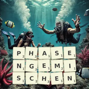 Kreative Illustration für ein Scrabble-Spiel, bei dem das Wort PHASENGEMISCHEN mit Steinen auf dem Brett gelegt wurde.