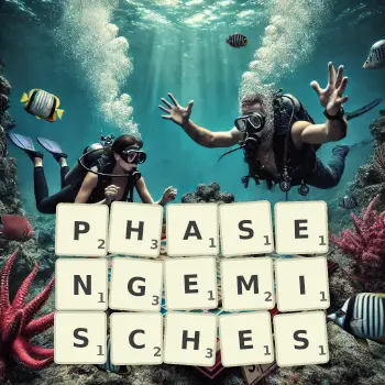 Kreative Illustration für ein Scrabble-Spiel, bei dem das Wort PHASENGEMISCHES mit Steinen auf dem Brett gelegt wurde.