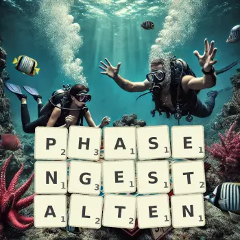Kreative Illustration für ein Scrabble-Spiel, bei dem das Wort PHASENGESTALTEN mit Steinen auf dem Brett gelegt wurde.