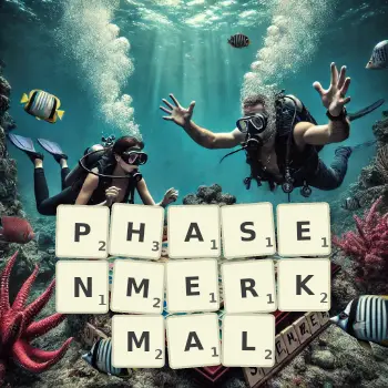 Kreative Illustration für ein Scrabble-Spiel, bei dem das Wort PHASENMERKMAL mit Steinen auf dem Brett gelegt wurde.