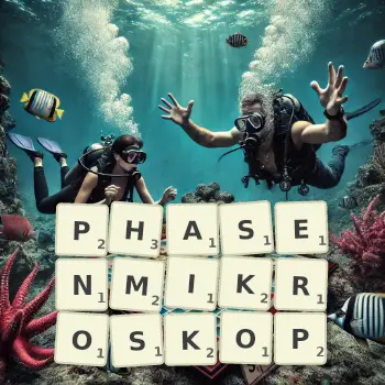 Kreative Illustration für ein Scrabble-Spiel, bei dem das Wort PHASENMIKROSKOP mit Steinen auf dem Brett gelegt wurde.