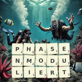 Kreative Illustration für ein Scrabble-Spiel, bei dem das Wort PHASENMODULIERT mit Steinen auf dem Brett gelegt wurde.