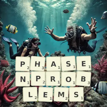Kreative Illustration für ein Scrabble-Spiel, bei dem das Wort PHASENPROBLEMS mit Steinen auf dem Brett gelegt wurde.