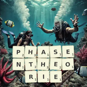 Kreative Illustration für ein Scrabble-Spiel, bei dem das Wort PHASENTHEORIE mit Steinen auf dem Brett gelegt wurde.