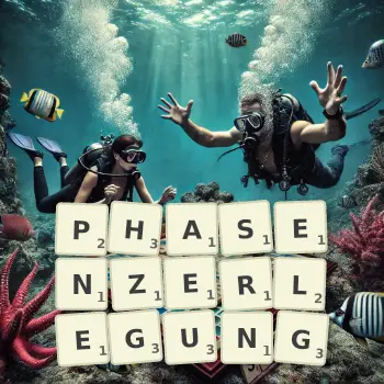 Kreative Illustration für ein Scrabble-Spiel, bei dem das Wort PHASENZERLEGUNG mit Steinen auf dem Brett gelegt wurde.