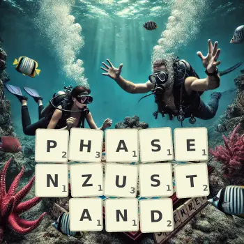 Kreative Illustration für ein Scrabble-Spiel, bei dem das Wort PHASENZUSTAND mit Steinen auf dem Brett gelegt wurde.