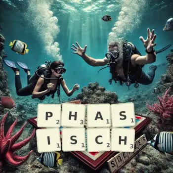 Kreative Illustration für ein Scrabble-Spiel, bei dem das Wort PHASISCH mit Steinen auf dem Brett gelegt wurde.