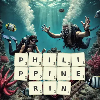 Kreative Illustration für ein Scrabble-Spiel, bei dem das Wort PHILIPPINERIN mit Steinen auf dem Brett gelegt wurde.
