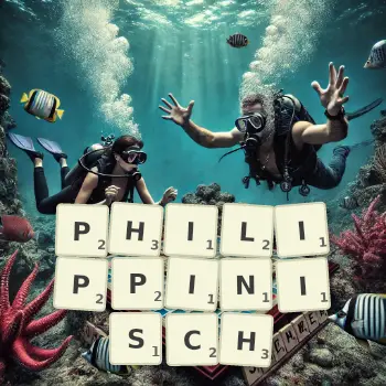 Kreative Illustration für ein Scrabble-Spiel, bei dem das Wort PHILIPPINISCH mit Steinen auf dem Brett gelegt wurde.