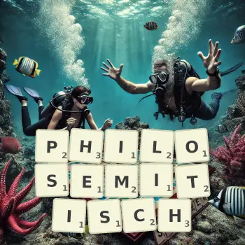 Kreative Illustration für ein Scrabble-Spiel, bei dem das Wort PHILOSEMITISCH mit Steinen auf dem Brett gelegt wurde.