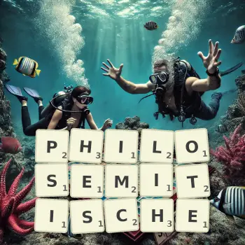 Kreative Illustration für ein Scrabble-Spiel, bei dem das Wort PHILOSEMITISCHE mit Steinen auf dem Brett gelegt wurde.