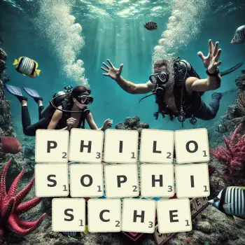 Kreative Illustration für ein Scrabble-Spiel, bei dem das Wort PHILOSOPHISCHE mit Steinen auf dem Brett gelegt wurde.