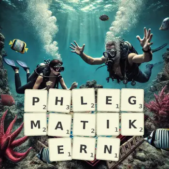 Kreative Illustration für ein Scrabble-Spiel, bei dem das Wort PHLEGMATIKERN mit Steinen auf dem Brett gelegt wurde.