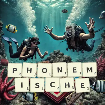 Kreative Illustration für ein Scrabble-Spiel, bei dem das Wort PHONEMISCHE mit Steinen auf dem Brett gelegt wurde.