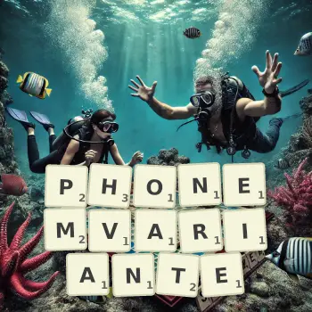 Kreative Illustration für ein Scrabble-Spiel, bei dem das Wort PHONEMVARIANTE mit Steinen auf dem Brett gelegt wurde.