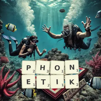 Kreative Illustration für ein Scrabble-Spiel, bei dem das Wort PHONETIK mit Steinen auf dem Brett gelegt wurde.