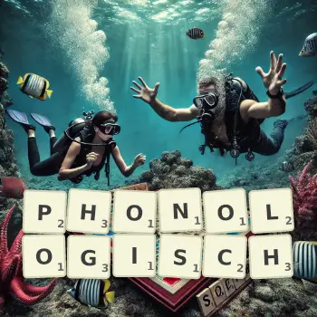 Kreative Illustration für ein Scrabble-Spiel, bei dem das Wort PHONOLOGISCH mit Steinen auf dem Brett gelegt wurde.