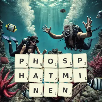 Kreative Illustration für ein Scrabble-Spiel, bei dem das Wort PHOSPHATMINEN mit Steinen auf dem Brett gelegt wurde.
