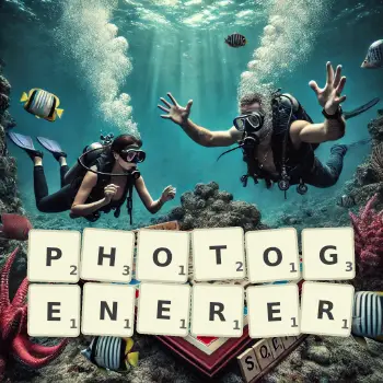 Kreative Illustration für ein Scrabble-Spiel, bei dem das Wort PHOTOGENERER mit Steinen auf dem Brett gelegt wurde.
