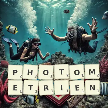 Kreative Illustration für ein Scrabble-Spiel, bei dem das Wort PHOTOMETRIEN mit Steinen auf dem Brett gelegt wurde.