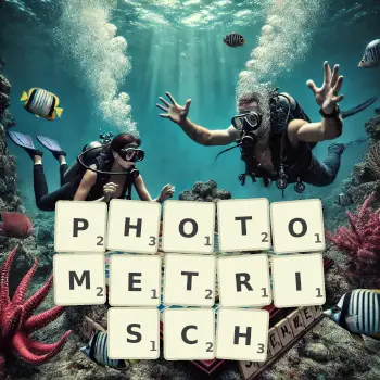 Kreative Illustration für ein Scrabble-Spiel, bei dem das Wort PHOTOMETRISCH mit Steinen auf dem Brett gelegt wurde.