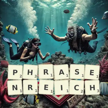 Kreative Illustration für ein Scrabble-Spiel, bei dem das Wort PHRASENREICH mit Steinen auf dem Brett gelegt wurde.