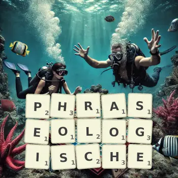 Kreative Illustration für ein Scrabble-Spiel, bei dem das Wort PHRASEOLOGISCHE mit Steinen auf dem Brett gelegt wurde.