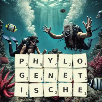 Kreative Illustration für ein Scrabble-Spiel, bei dem das Wort PHYLOGENETISCHE mit Steinen auf dem Brett gelegt wurde.