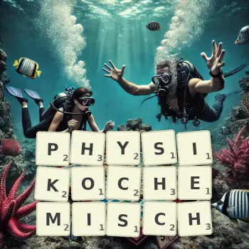 Kreative Illustration für ein Scrabble-Spiel, bei dem das Wort PHYSIKOCHEMISCH mit Steinen auf dem Brett gelegt wurde.