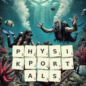 Kreative Illustration für ein Scrabble-Spiel, bei dem das Wort PHYSIKPORTALS mit Steinen auf dem Brett gelegt wurde.