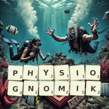 Kreative Illustration für ein Scrabble-Spiel, bei dem das Wort PHYSIOGNOMIK mit Steinen auf dem Brett gelegt wurde.