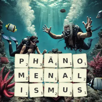 Kreative Illustration für ein Scrabble-Spiel, bei dem das Wort PHÄNOMENALISMUS mit Steinen auf dem Brett gelegt wurde.