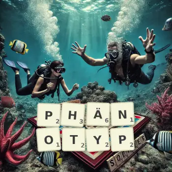 Kreative Illustration für ein Scrabble-Spiel, bei dem das Wort PHÄNOTYP mit Steinen auf dem Brett gelegt wurde.