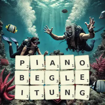 Kreative Illustration für ein Scrabble-Spiel, bei dem das Wort PIANOBEGLEITUNG mit Steinen auf dem Brett gelegt wurde.