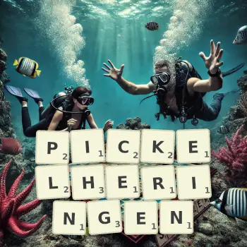Kreative Illustration für ein Scrabble-Spiel, bei dem das Wort PICKELHERINGEN mit Steinen auf dem Brett gelegt wurde.