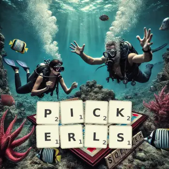 Kreative Illustration für ein Scrabble-Spiel, bei dem das Wort PICKERLS mit Steinen auf dem Brett gelegt wurde.