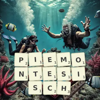 Kreative Illustration für ein Scrabble-Spiel, bei dem das Wort PIEMONTESISCH mit Steinen auf dem Brett gelegt wurde.