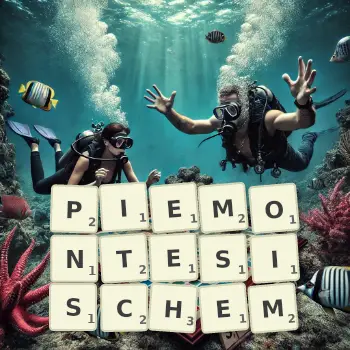 Kreative Illustration für ein Scrabble-Spiel, bei dem das Wort PIEMONTESISCHEM mit Steinen auf dem Brett gelegt wurde.