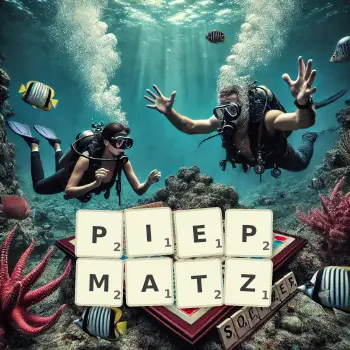 Kreative Illustration für ein Scrabble-Spiel, bei dem das Wort PIEPMATZ mit Steinen auf dem Brett gelegt wurde.