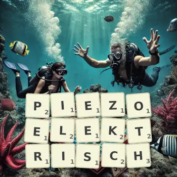 Kreative Illustration für ein Scrabble-Spiel, bei dem das Wort PIEZOELEKTRISCH mit Steinen auf dem Brett gelegt wurde.