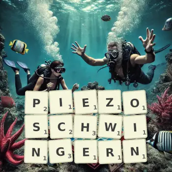 Kreative Illustration für ein Scrabble-Spiel, bei dem das Wort PIEZOSCHWINGERN mit Steinen auf dem Brett gelegt wurde.